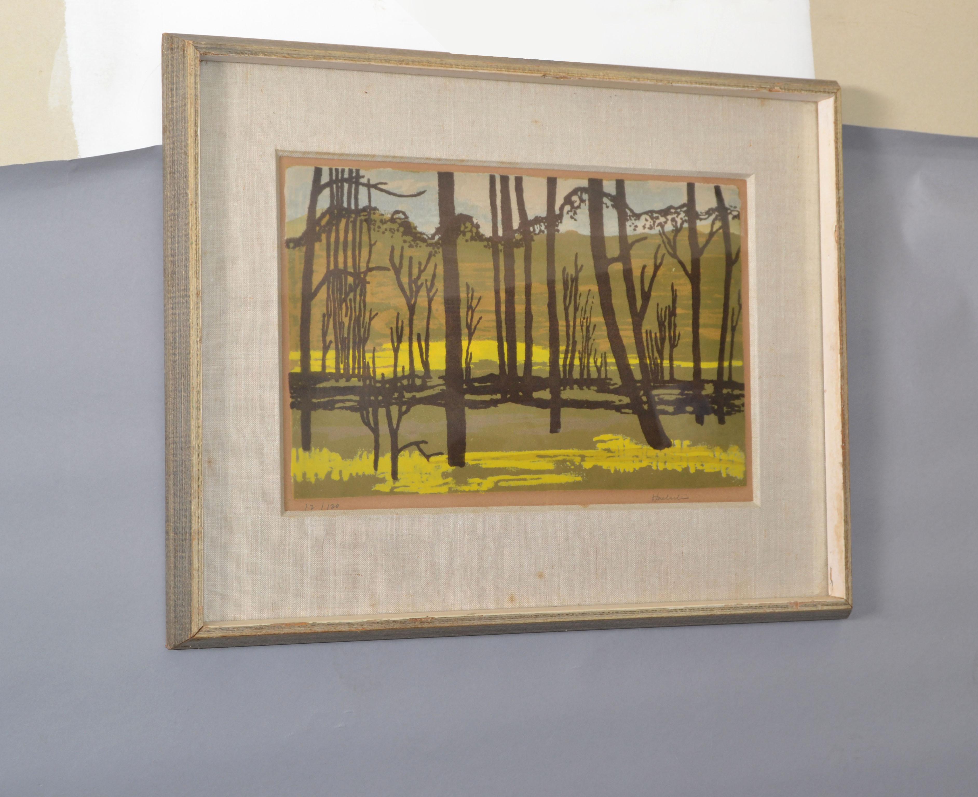 Peint à la main Peinture américaine vintage sur toile encadrée dorée représentant une scène de paysage signée Huerlin en vente