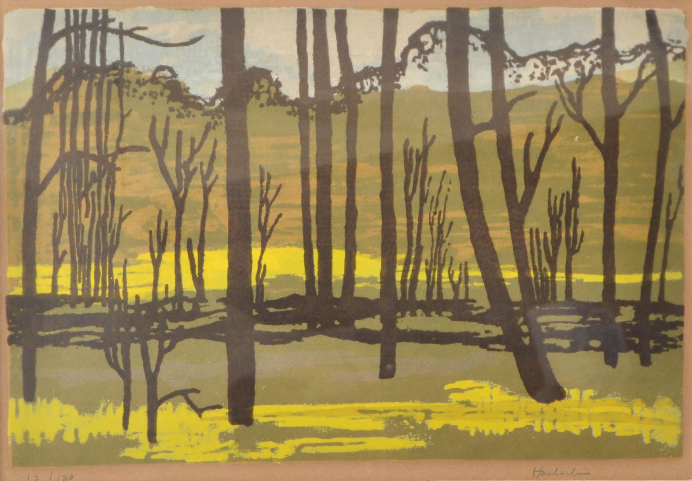 Hand-Painted Vintage Signed Huerlin Golden Framed American Painting Landscape Scene Canvas For Sale