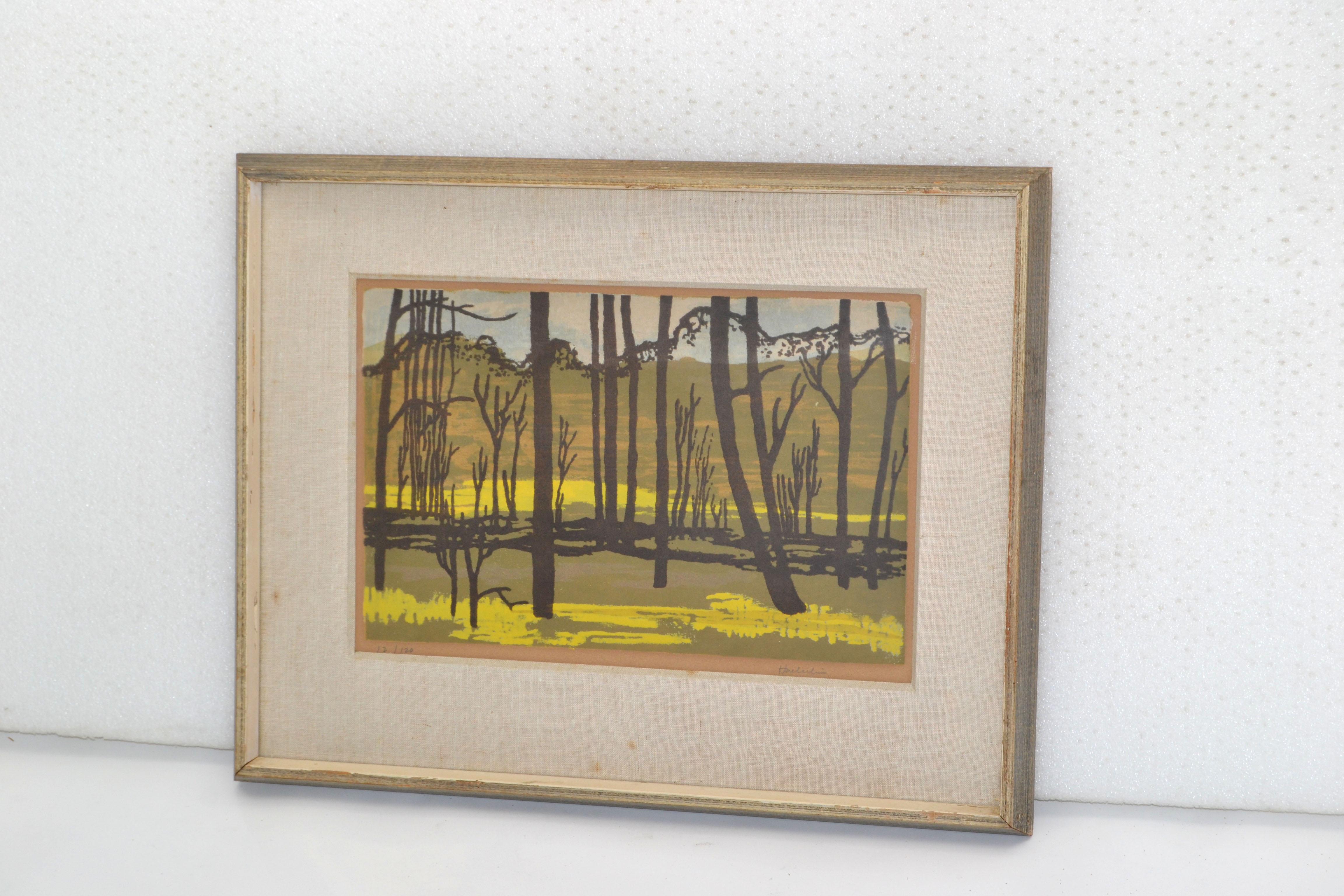 Bois Peinture américaine vintage sur toile encadrée dorée représentant une scène de paysage signée Huerlin en vente