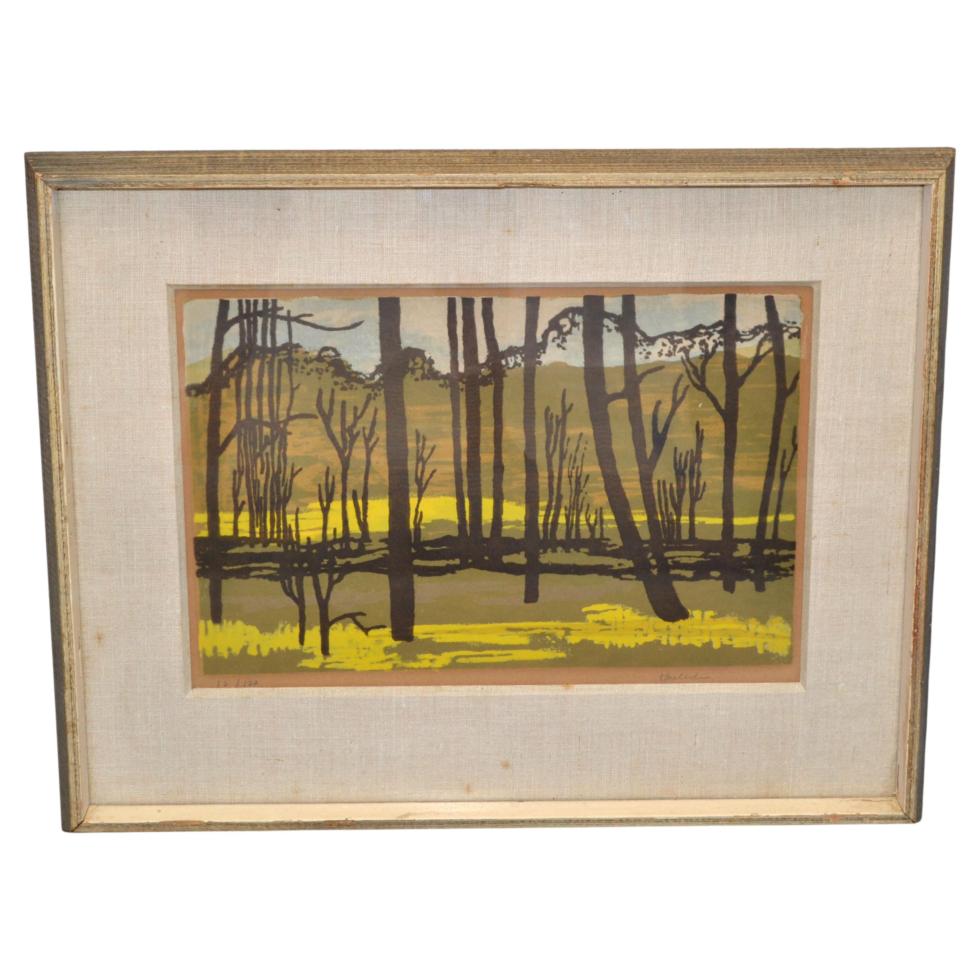 Vintage Signed Huerlin Golden Framed American Painting Landscape Scene Canvas For Sale