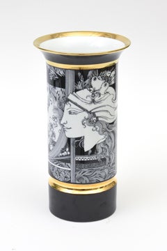 Signierte ungarische Porzellanvase im Vintage-Stil, Fornasetti-Stil, 1992, schwarz, gold