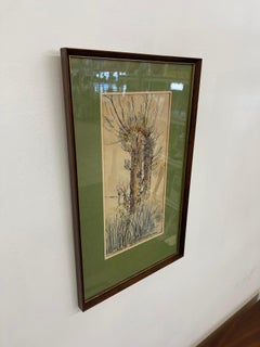 Vintage Signed Ink and Watercolor Landscape Drawing of Tree, Mid Century Artwork