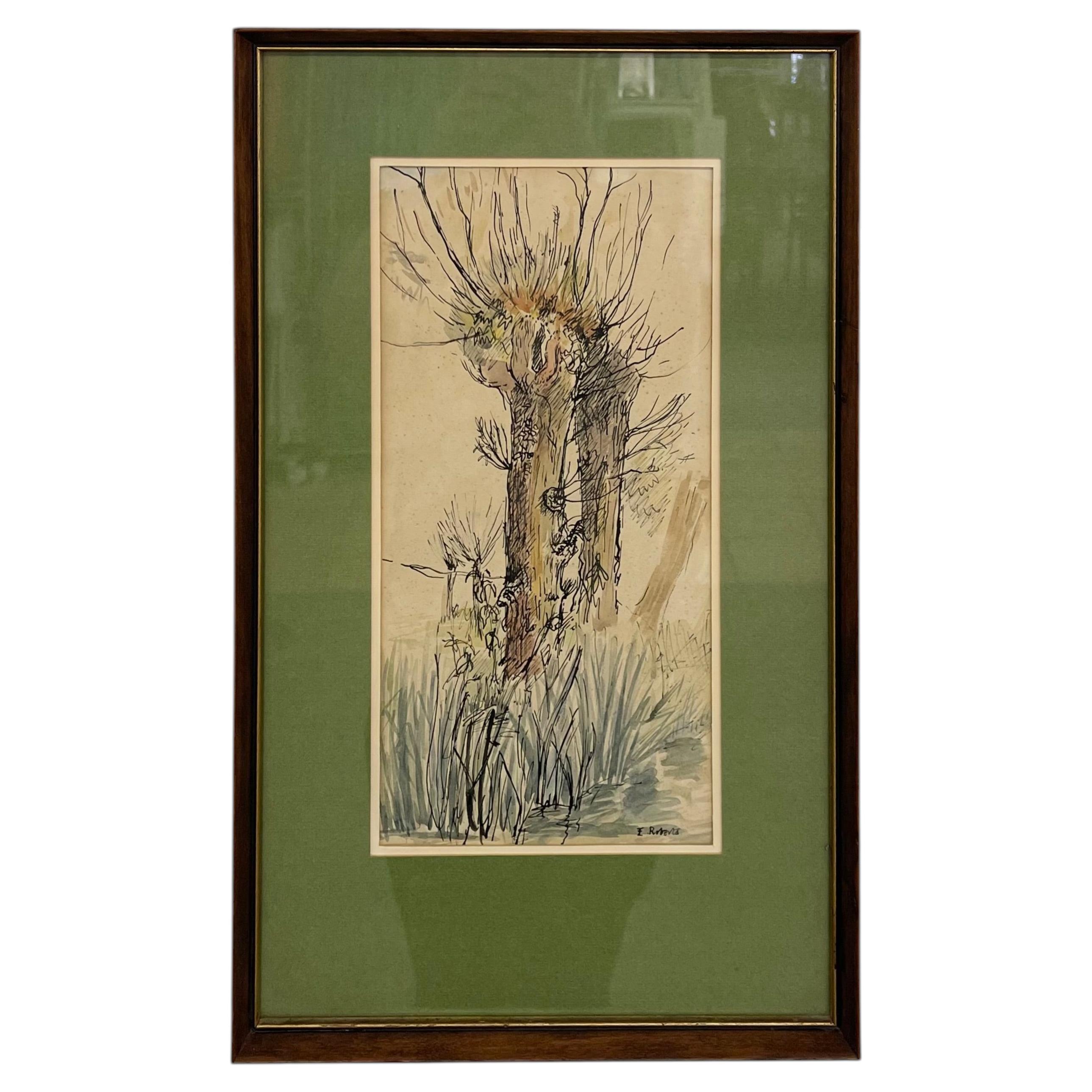 Vintage Signed Ink and Watercolor Landscape Drawing of Tree, Mid Century Artwork
