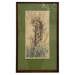 Vintage Signed Ink and Watercolor Landscape Drawing of Tree, Mid Century Artwork