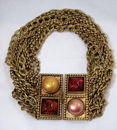 Vintage Signed Isabel Canovas French Multi-Chain and Gripoix Glass Necklace