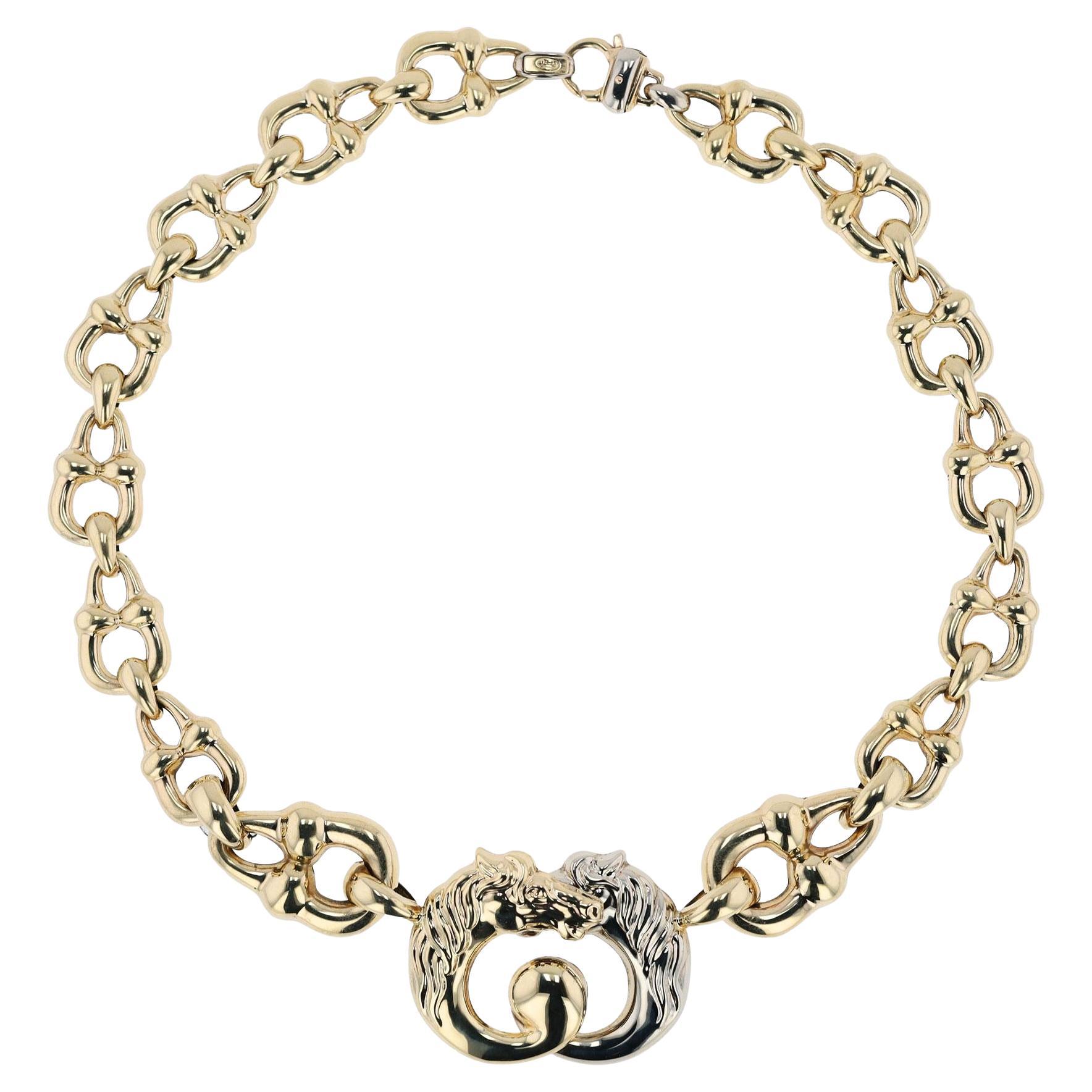 Vintage Signed Italian 14 Karat Gold 2-Tone Gucci Style Horse-Bit Necklace For Sale