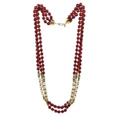 Vintage Signed Italian Designer Ellelle Red Bead Faux Pearl Necklace