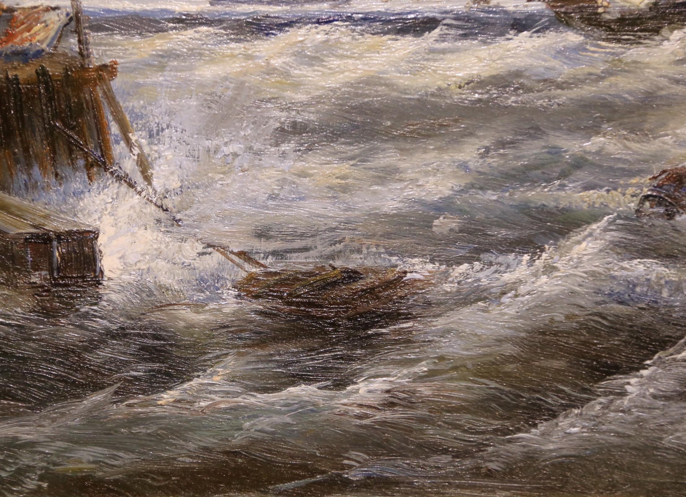 Quadro firmato d'epoca con scena di porto di Marin con barche a vela e figure in vendita 3