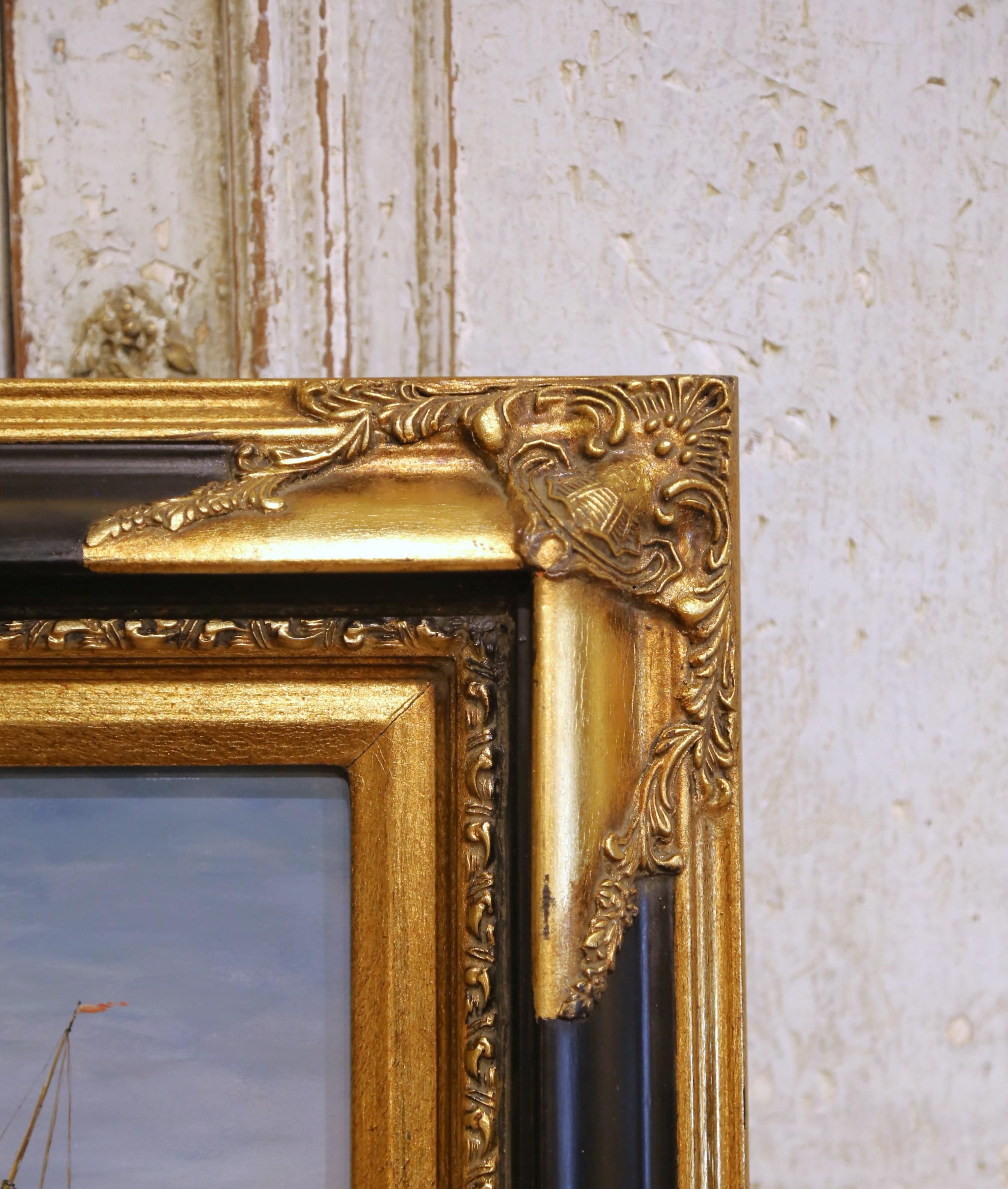 Quadro firmato d'epoca con scena di porto di Marin con barche a vela e figure in vendita 4