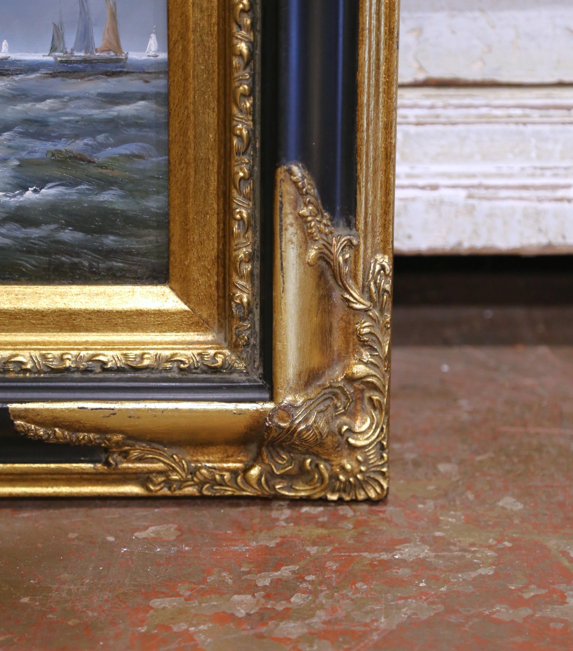 Quadro firmato d'epoca con scena di porto di Marin con barche a vela e figure in vendita 5