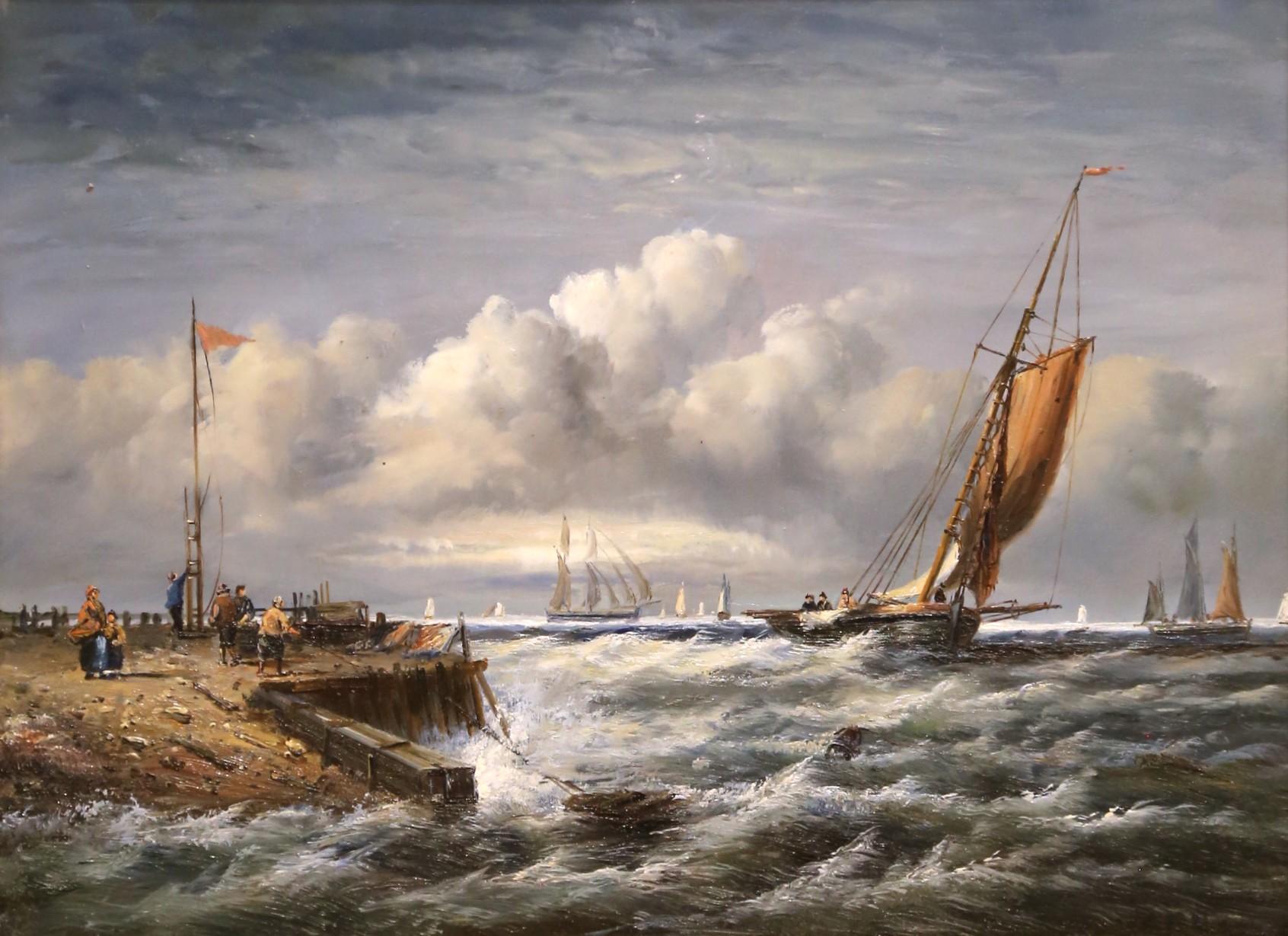 Italiano Quadro firmato d'epoca con scena di porto di Marin con barche a vela e figure in vendita