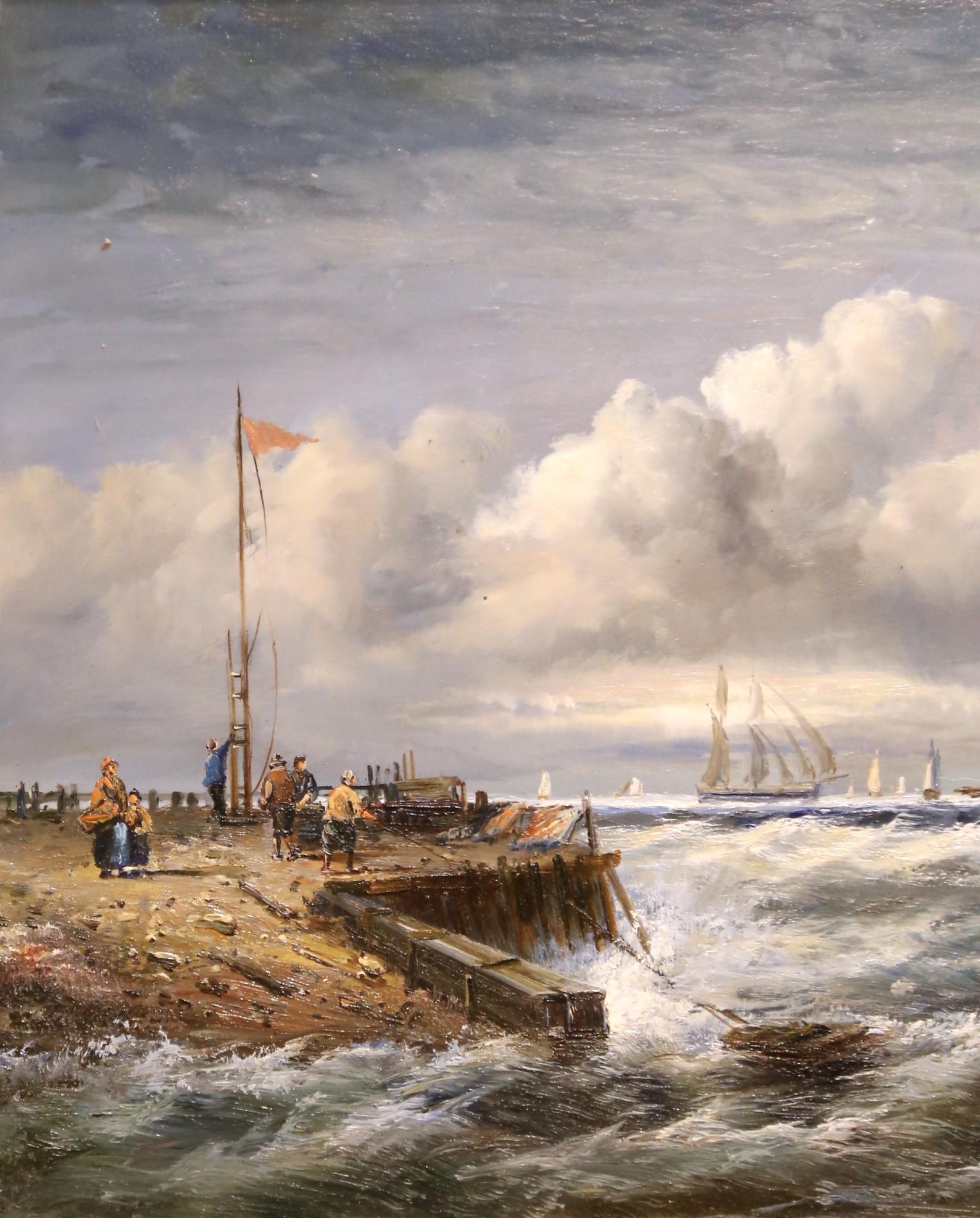 Intagliato Quadro firmato d'epoca con scena di porto di Marin con barche a vela e figure in vendita