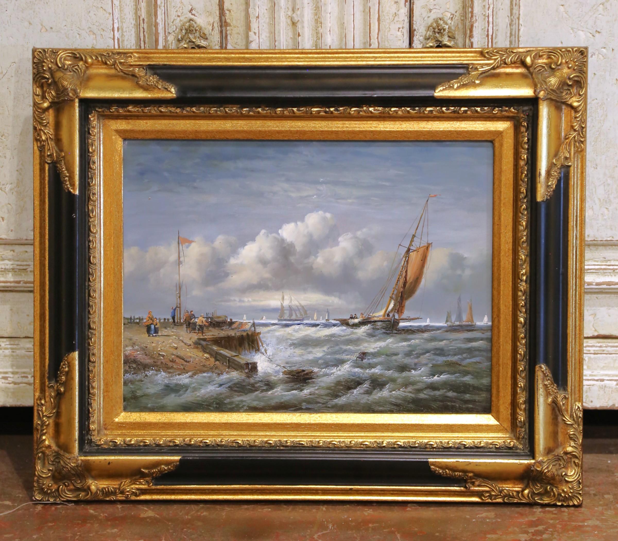 XX secolo Quadro firmato d'epoca con scena di porto di Marin con barche a vela e figure in vendita