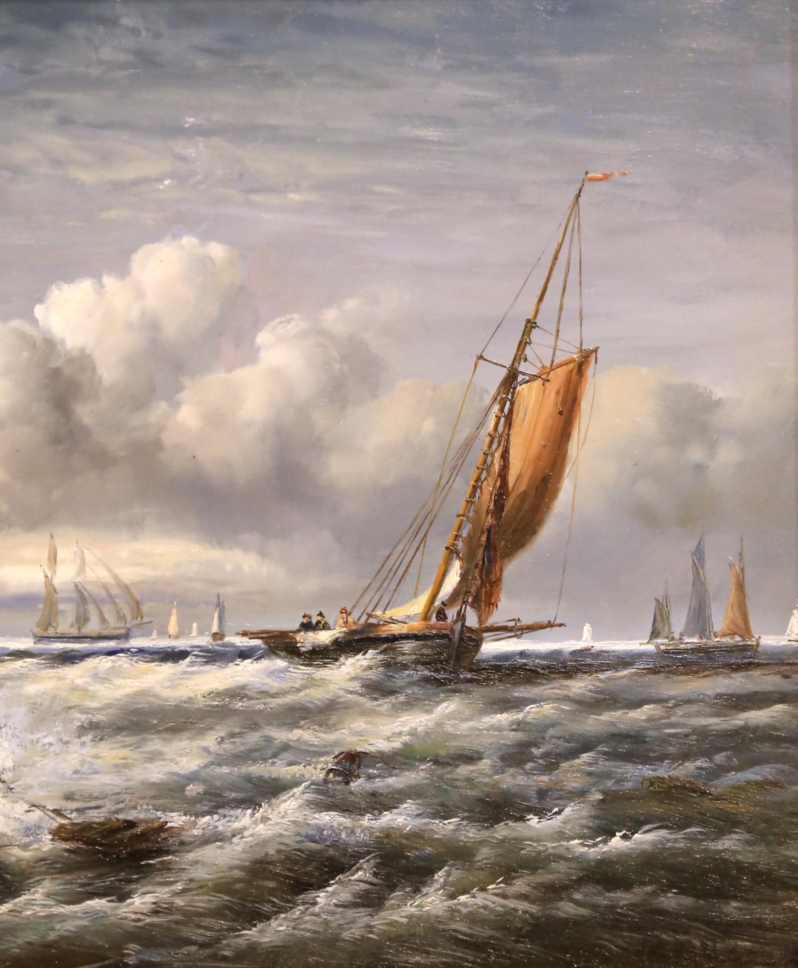 Legno dorato Quadro firmato d'epoca con scena di porto di Marin con barche a vela e figure in vendita