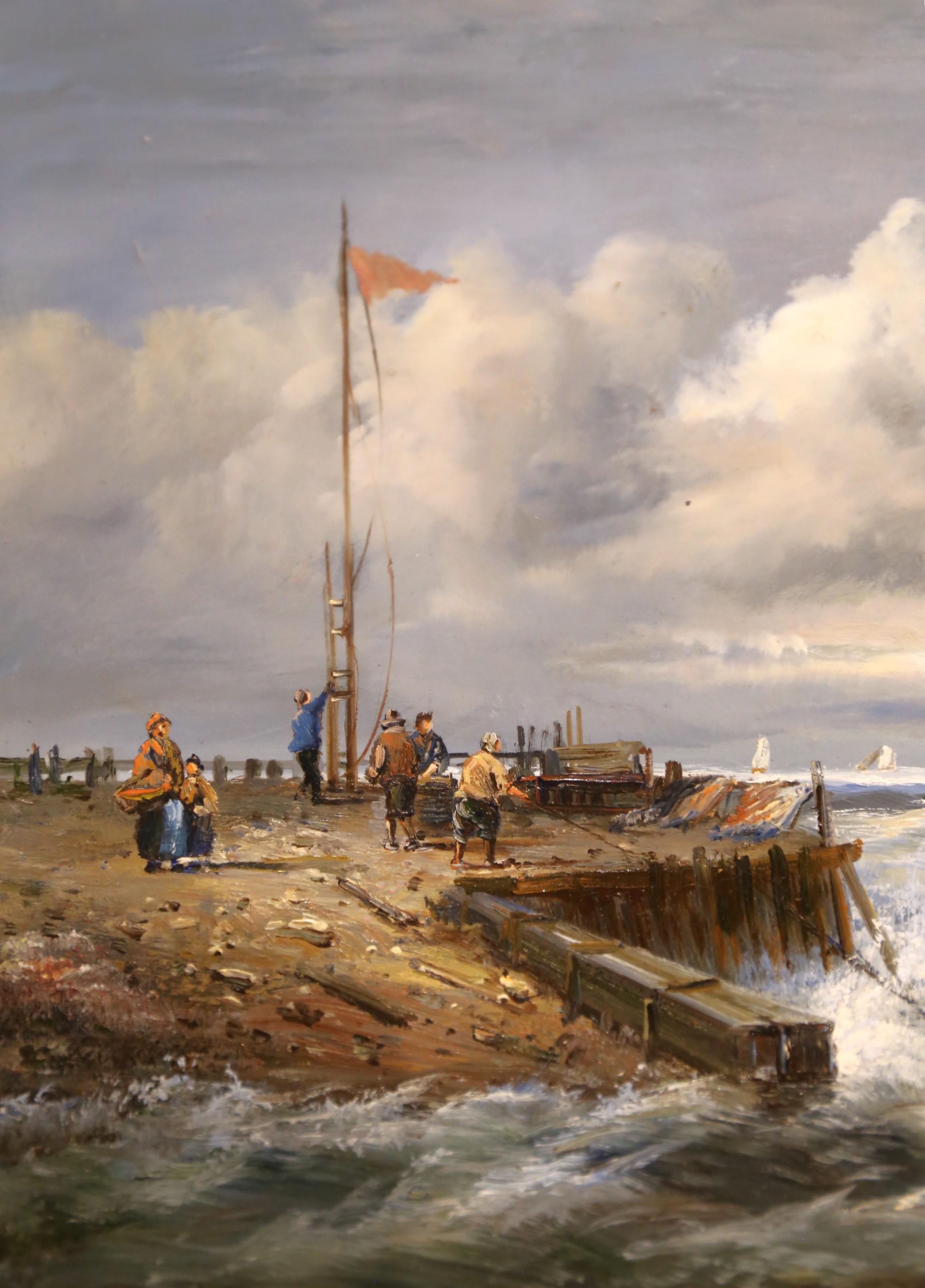 Quadro firmato d'epoca con scena di porto di Marin con barche a vela e figure in vendita 1