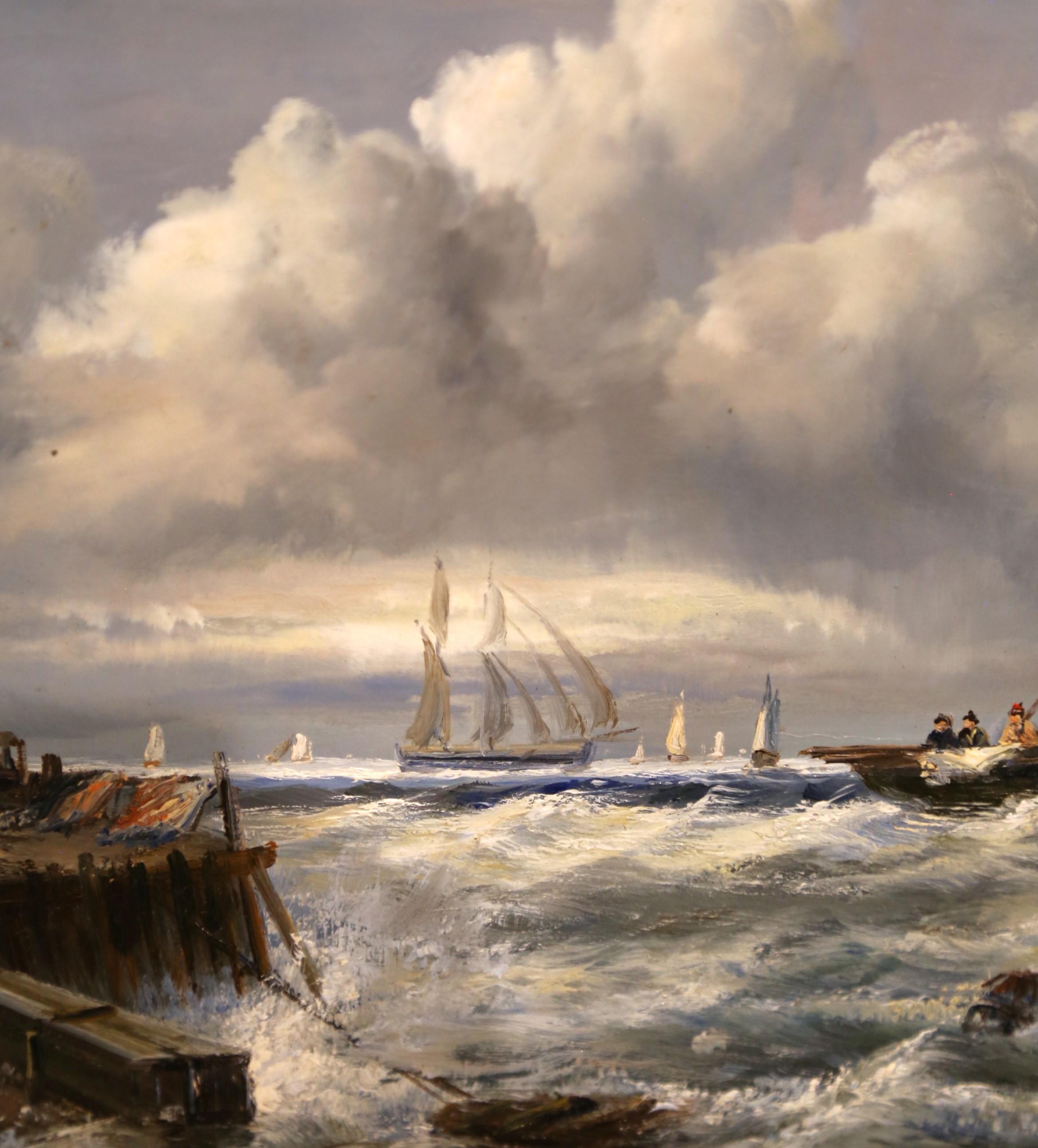 Quadro firmato d'epoca con scena di porto di Marin con barche a vela e figure in vendita 2