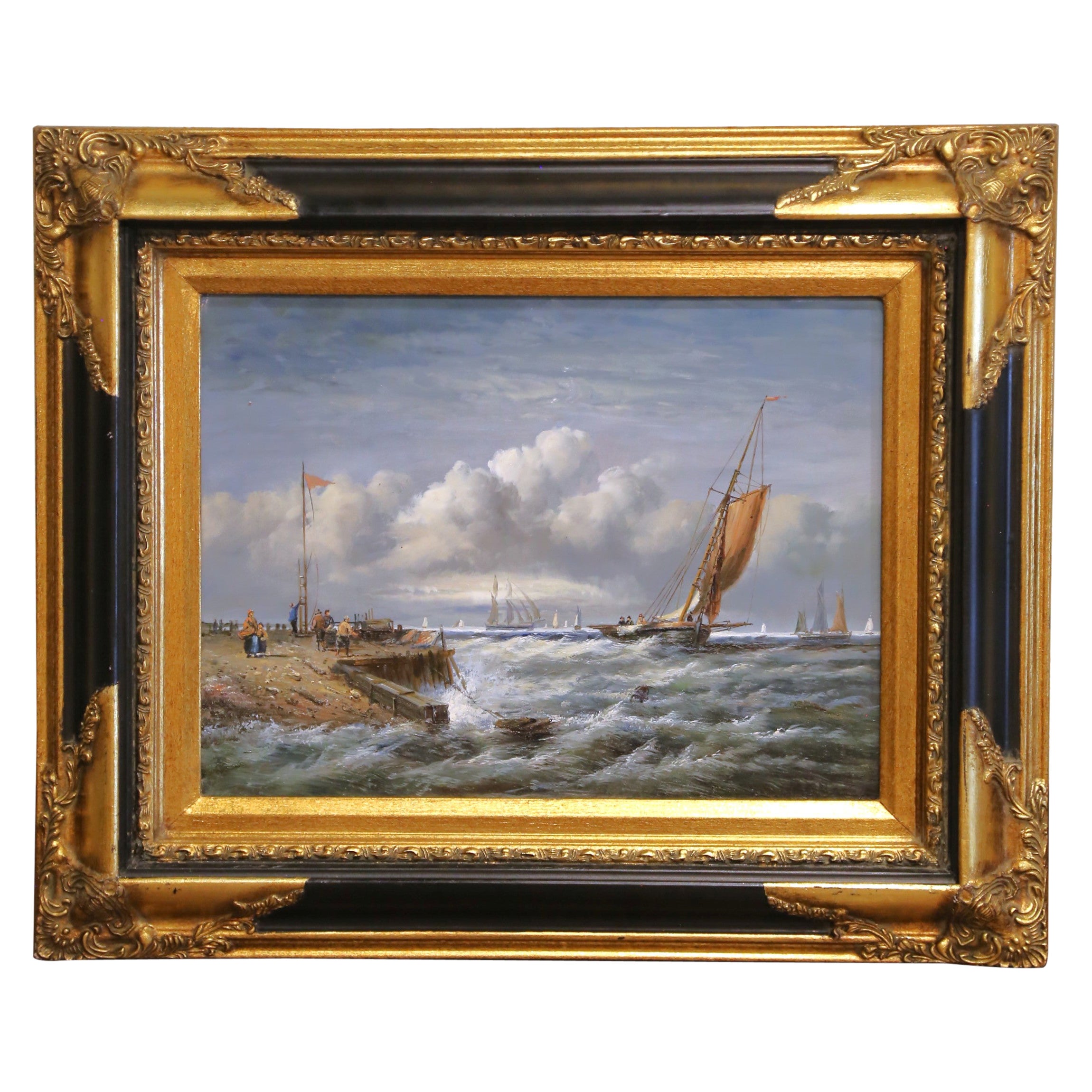 Vintage Signed Italian Marine Harbor Scene Painting with Sailboats and Figures