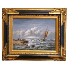 Vintage Signed Italian Marine Harbor Scene Painting with Sailboats and Figures