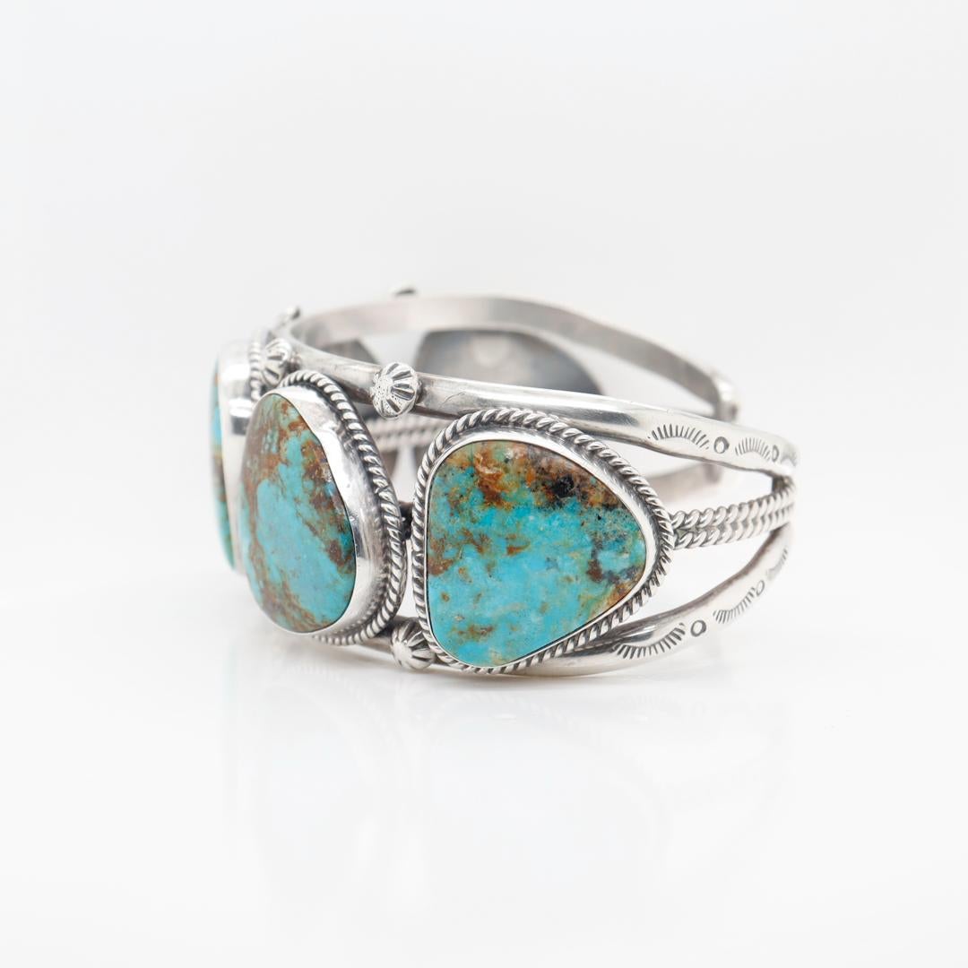 Cabochon Vintage Signed James Mason Old Pawn Navajo Silver & Turquoise Cuff Bracelet  For Sale