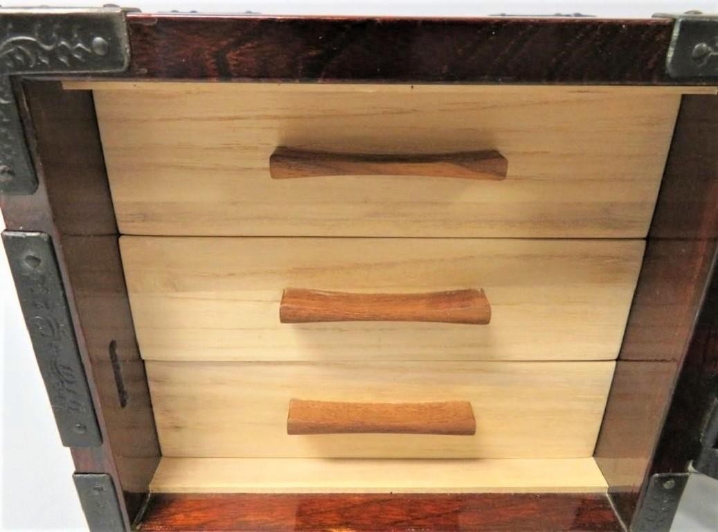 Embossed Vintage Signed Japanese Exotic Wood Kakesuzuri Style Funa Dansu or Ship's Safe