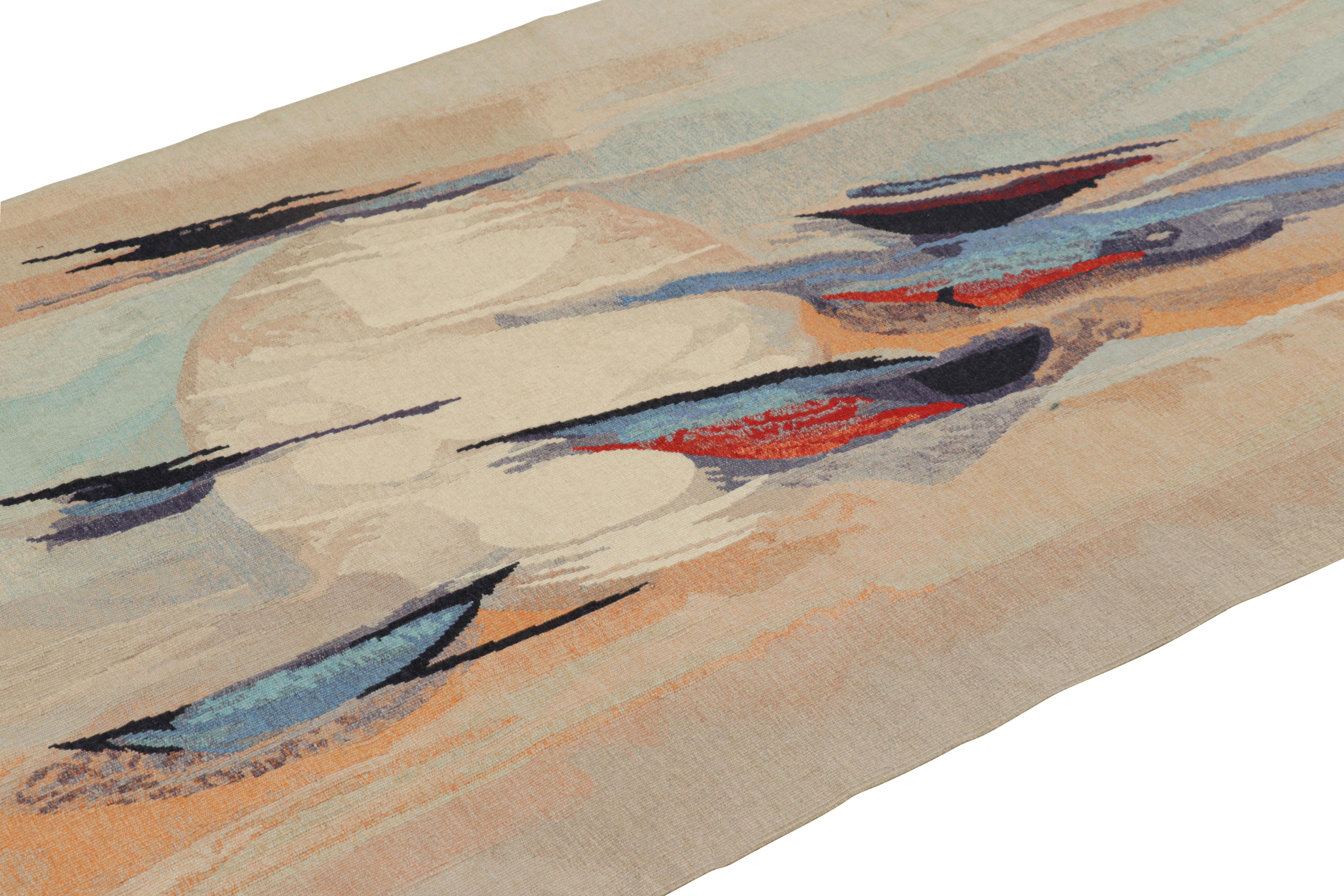 Tessuto a mano in lana e proveniente dalla Francia intorno al 1970-1980, questo arazzo vintage 3×6 è un pezzo da collezione firmato, proveniente dalle opere di Aubusson del tessitore francese Jean-Michel Lartigaud 