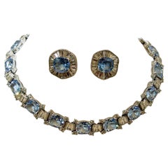 Vintage Signed Jomaz Blue & Clear Crystals Necklace & Earrings