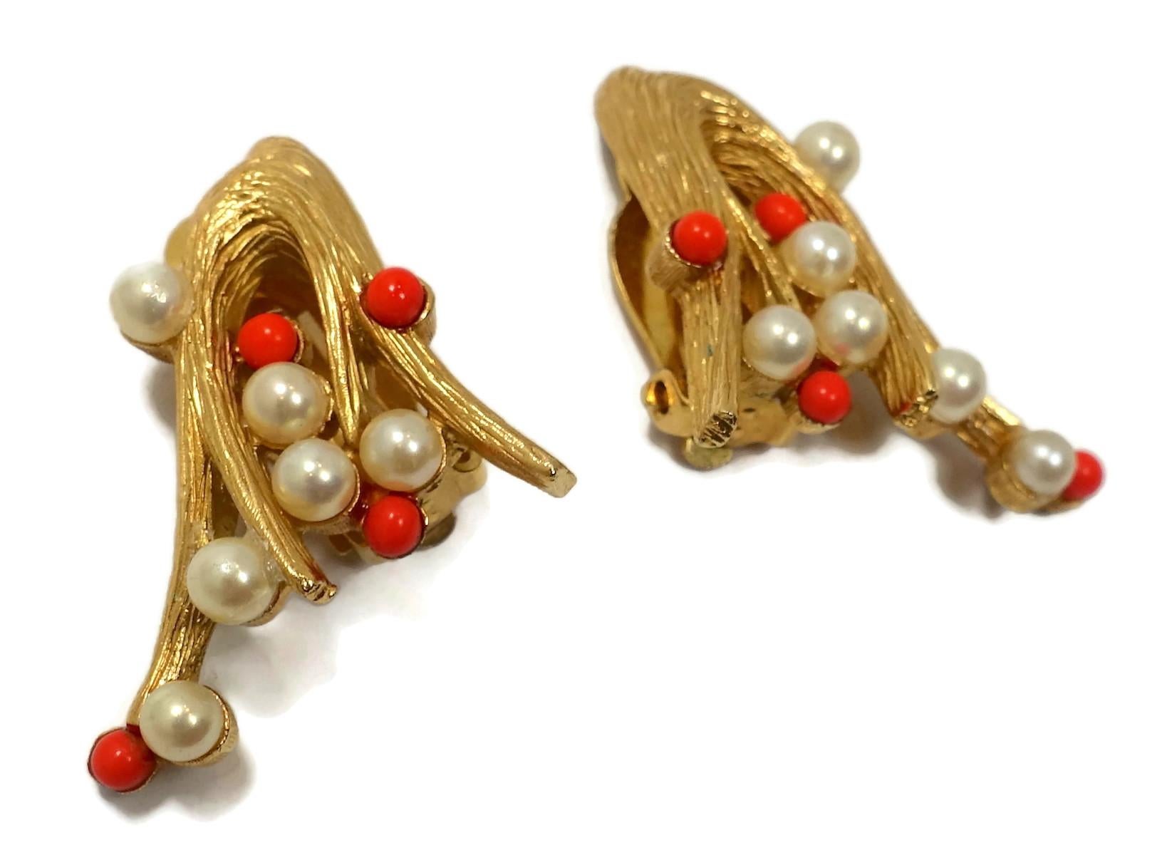 Vintage Signed Joseph Mazer Faux Pearl & Coral Bead Earrings For Sale 1