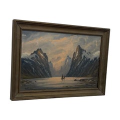 Cuadro vintage firmado por K. Fjeilberg que representa un paisaje de montaña con veleros.