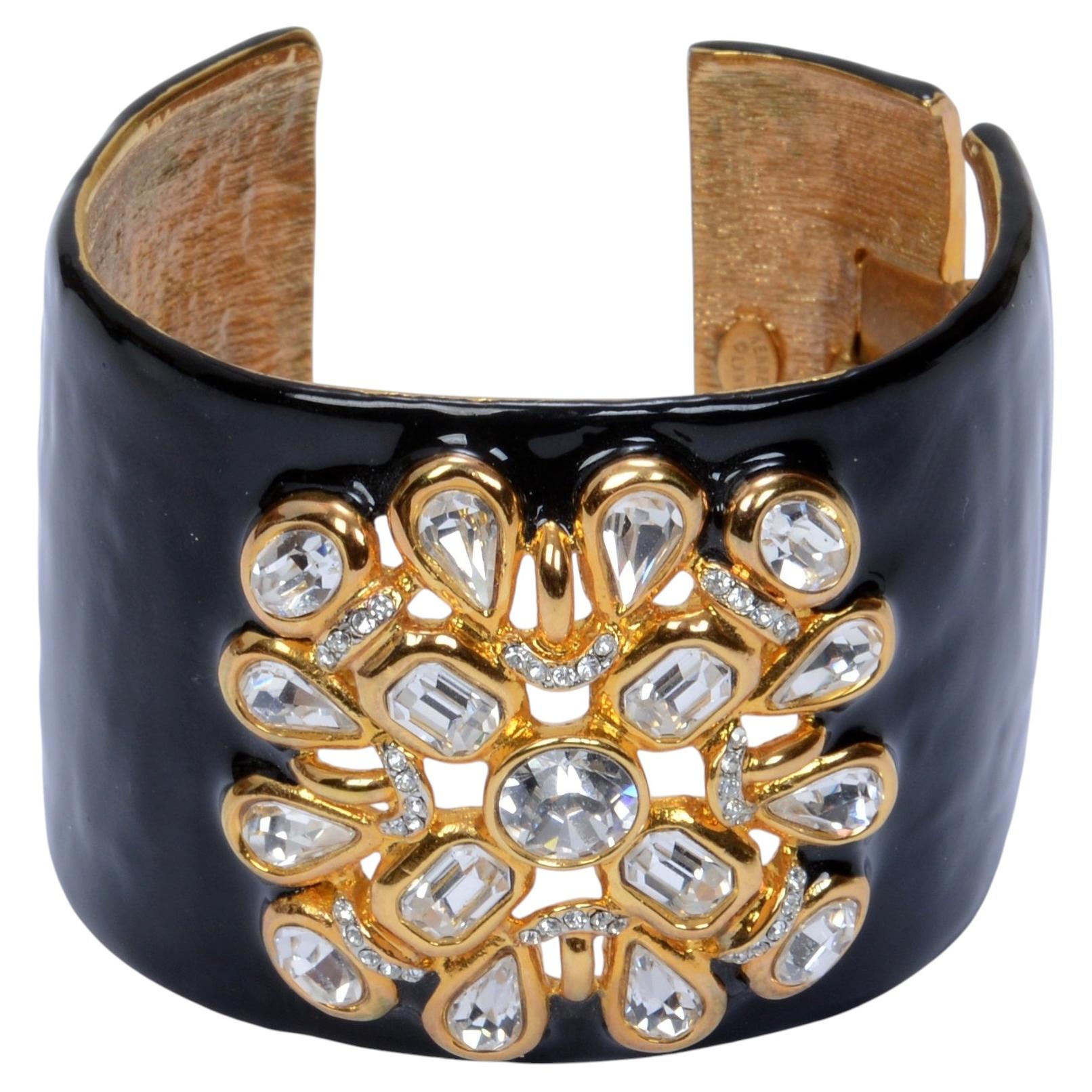 Vintage Signed Kenneth J Lane Rhinestone Set Verdura Inspired Black Enamel Cuff
