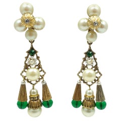 Vintage Signed Kim Green Glass & Faux Pearl Dangling Earrings