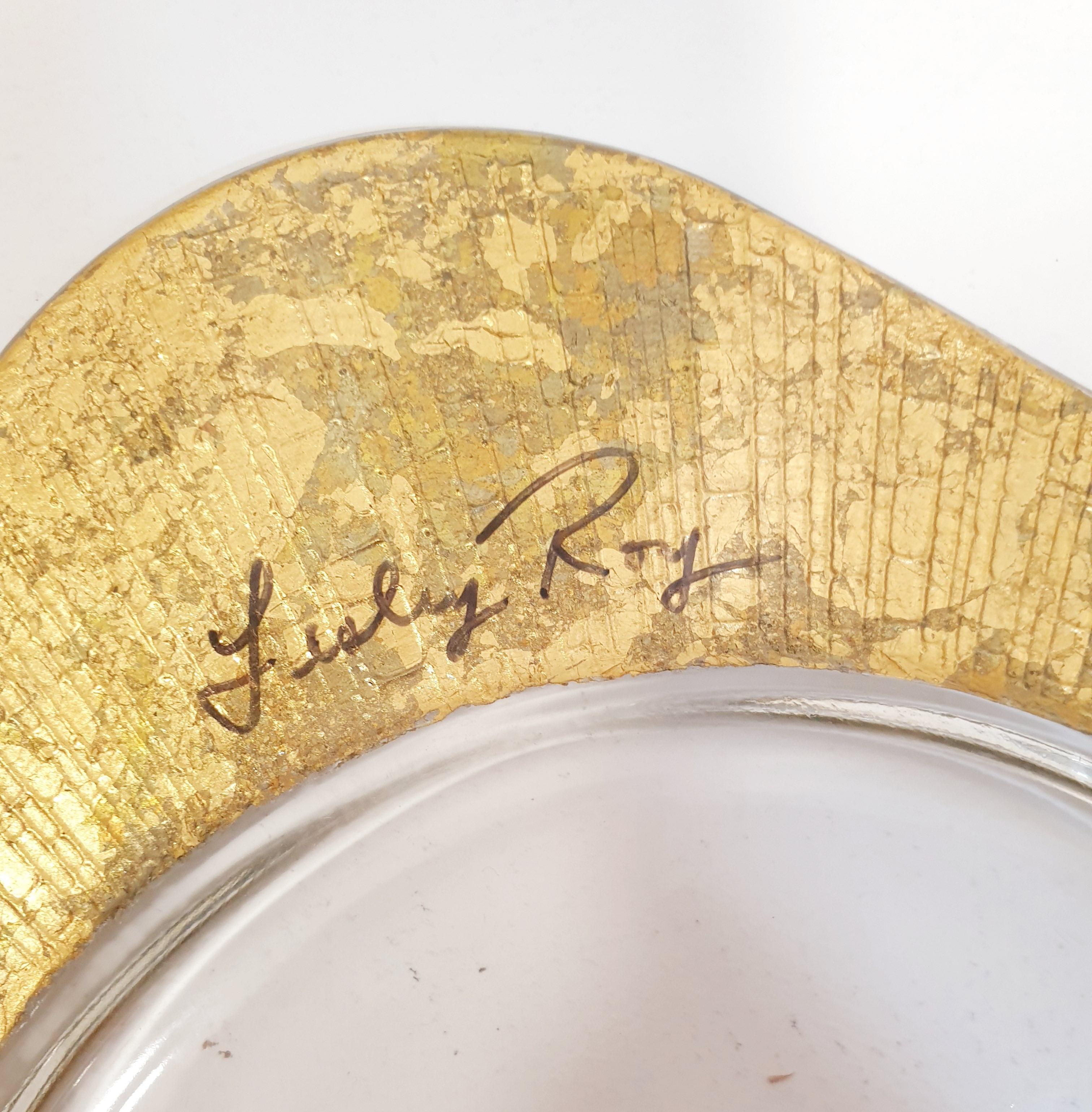 Quadratische Candy Bowl aus Gold mit Craquelé-Schale von Lesley Roy, signiert 3