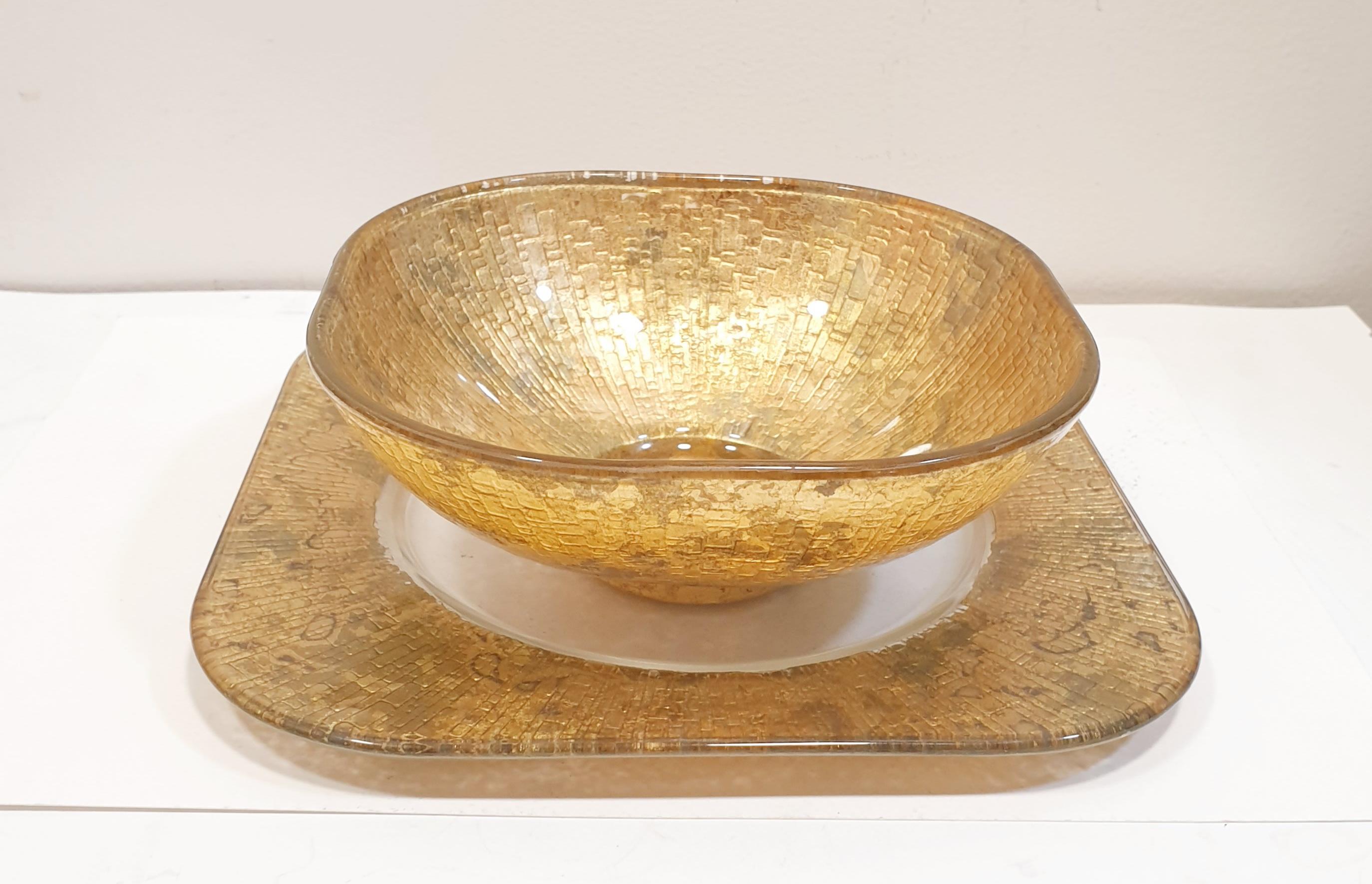 American Vintage Signed Lesley Roy Designs Gold Leaf Square Bowl-Crackled Gold Candy Bowl