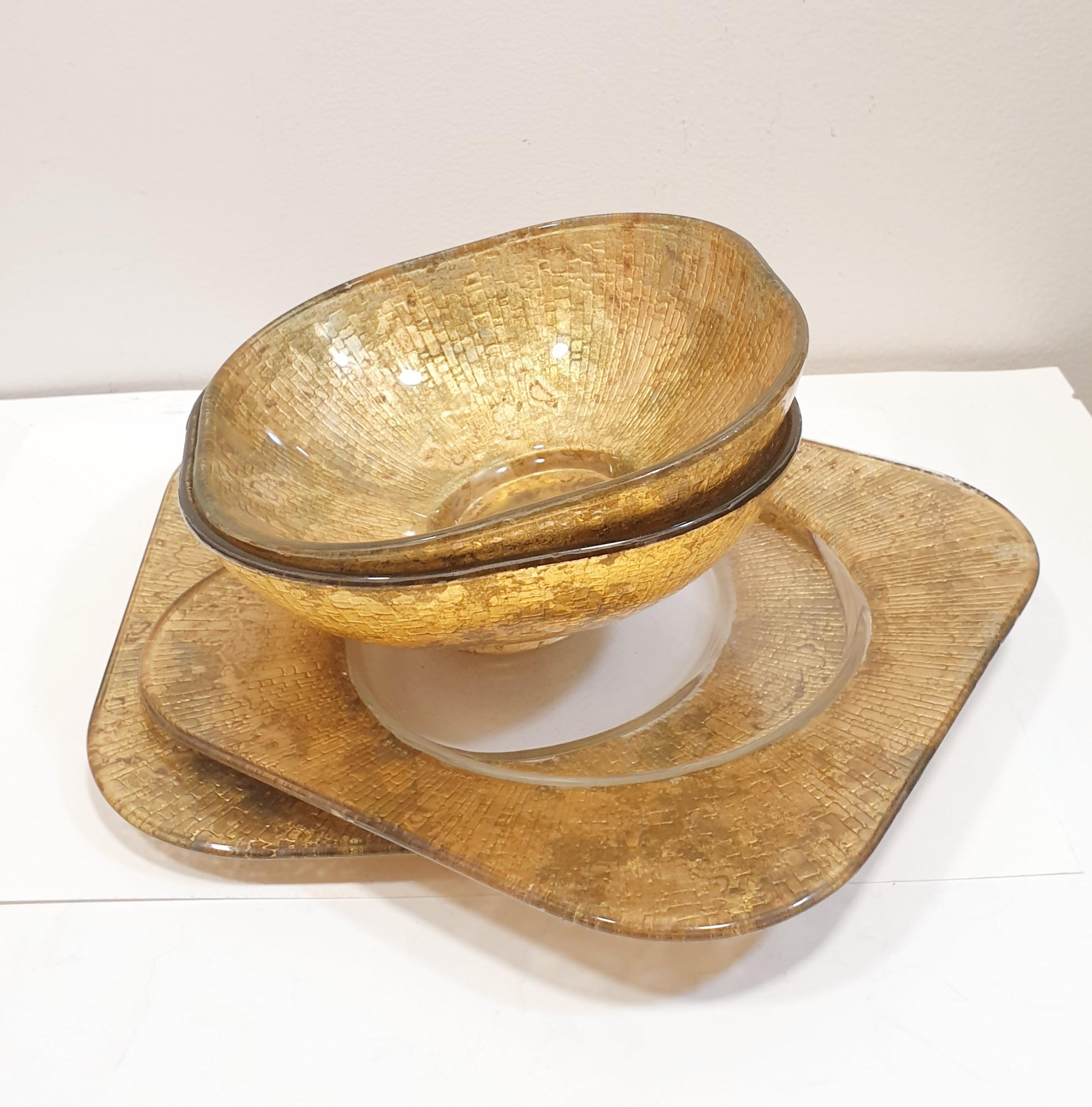 Vintage Signed Lesley Roy Designs Gold Leaf Square Bowl-Crackled Gold Candy Bowl In Excellent Condition In BILBAO, ES