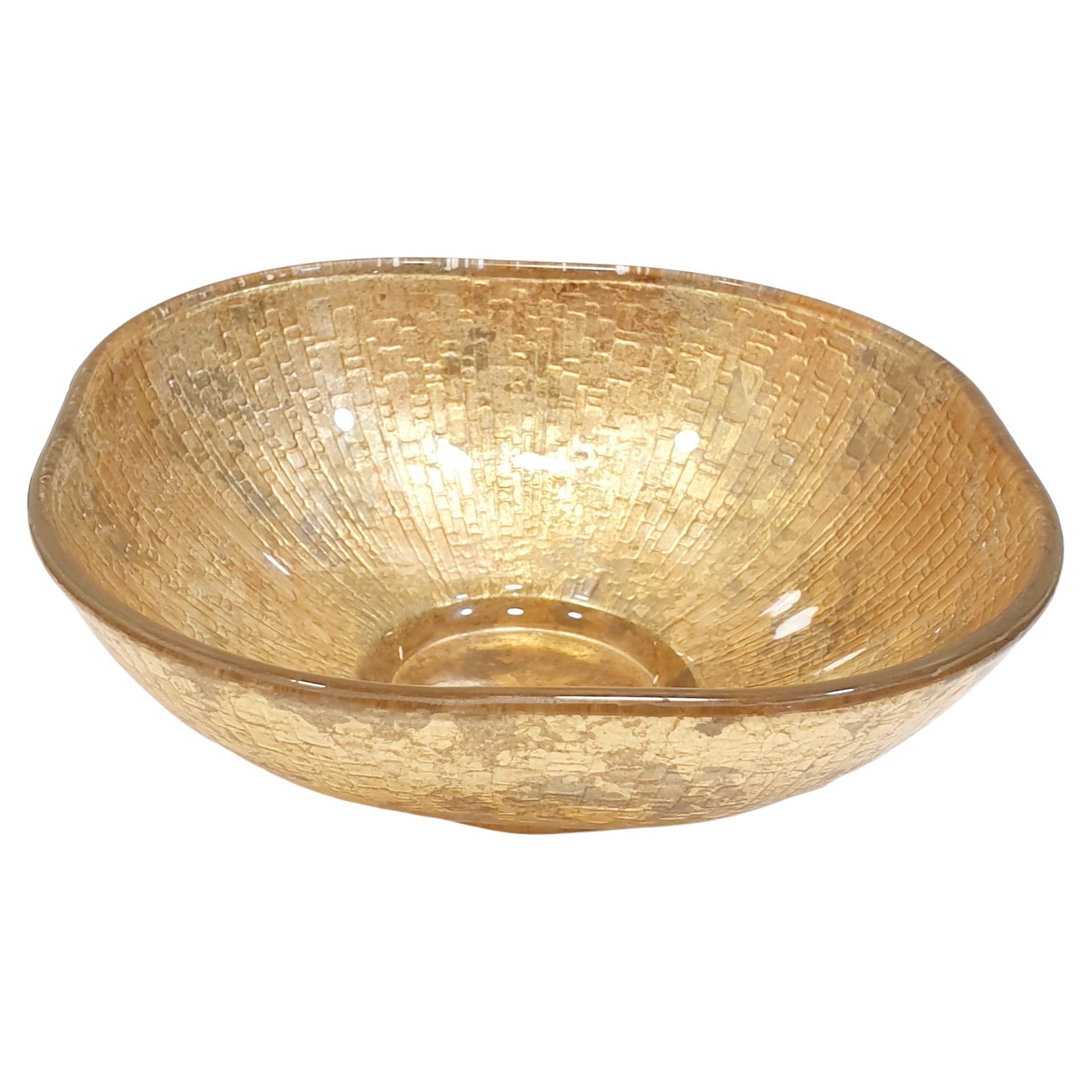 Vintage Signed Lesley Roy Designs Gold Leaf Square Bowl-Crackled Gold Candy Bowl