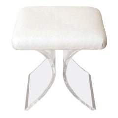 Vintage Signed Lion in Frost Lucite Sculptural Bench, Off White Upholstered Seat