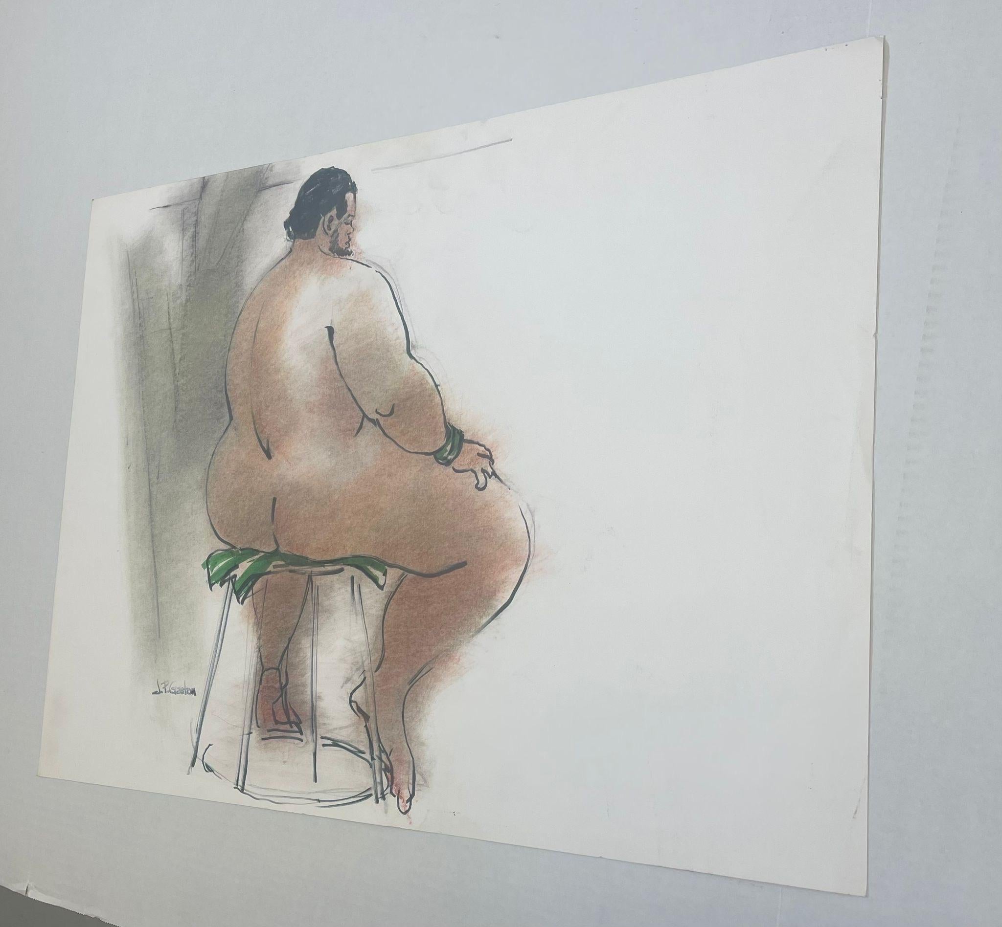 Mid-Century Modern Vintage Signed Male Seated Nude Portrait For Sale