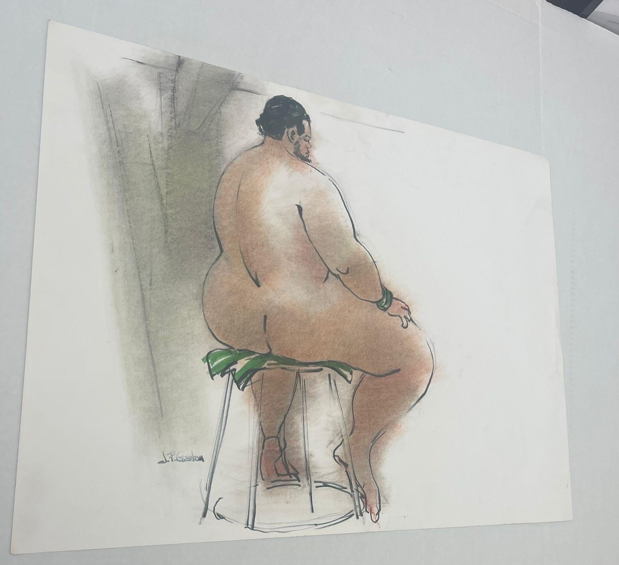 Late 20th Century Vintage Signed Male Seated Nude Portrait For Sale
