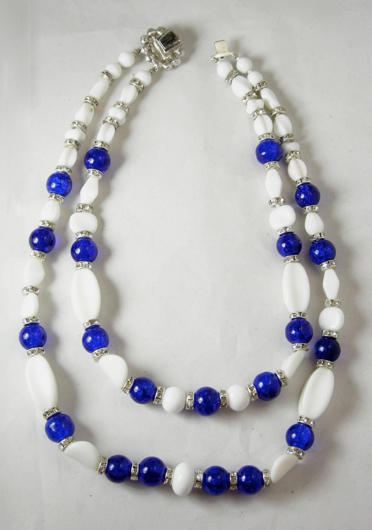 Marquise Vintage Blue And White Two Strand Glass Necklace In Excellent Condition For Sale In New York, NY