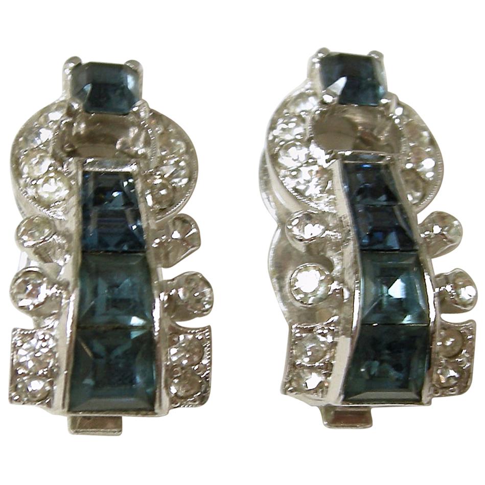 Vintage Signed Mazer Blue & Clear Crystal Earrings For Sale