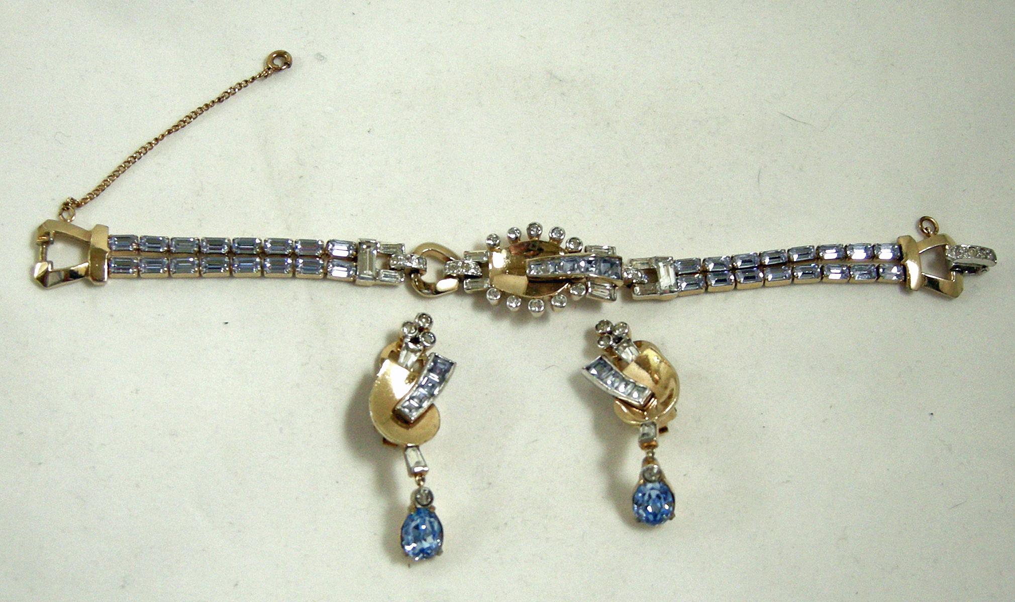 Women's or Men's Vintage Signed Mazer Bros. Crystal Bracelet & Earring Set For Sale