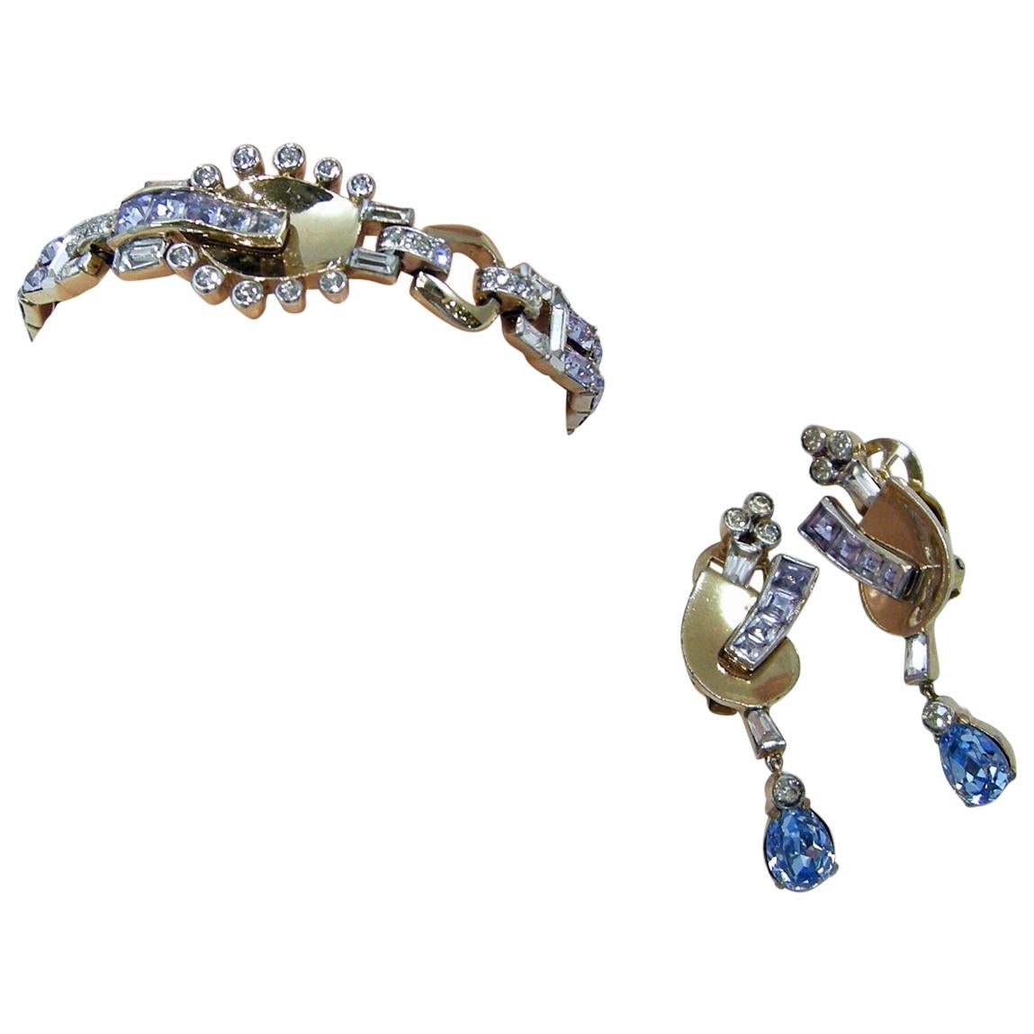Vintage Signed Mazer Bros. Crystal Bracelet & Earring Set For Sale