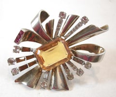 Vintage Signed Mazer Faux Citrine & Crystal Sterling Retro Brooch