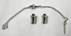 Vintage Signed Mazer Faux Sapphire & Crystal Buckle Bracelet & Earrings Set