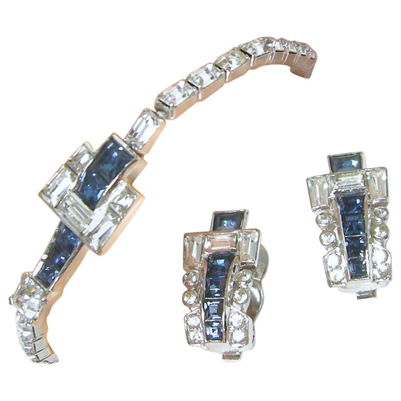Vintage Signed Mazer Faux Sapphire & Crystal Buckle Bracelet & Earrings Set For Sale