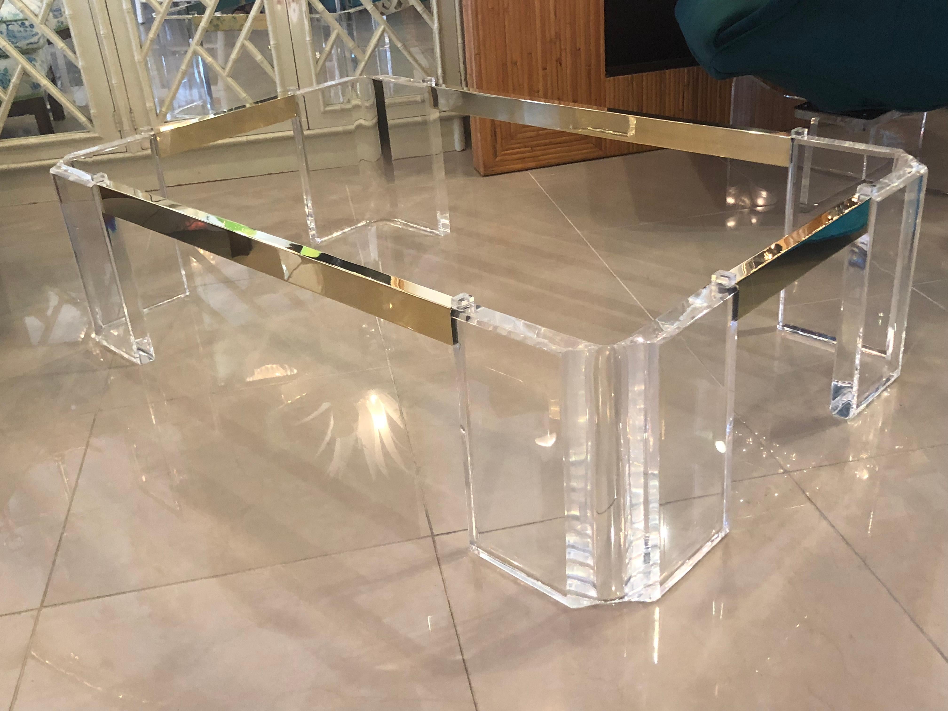 Vintage Signed Michael Oguns Chunky Lucite and Brass Cocktail Coffee Table 5