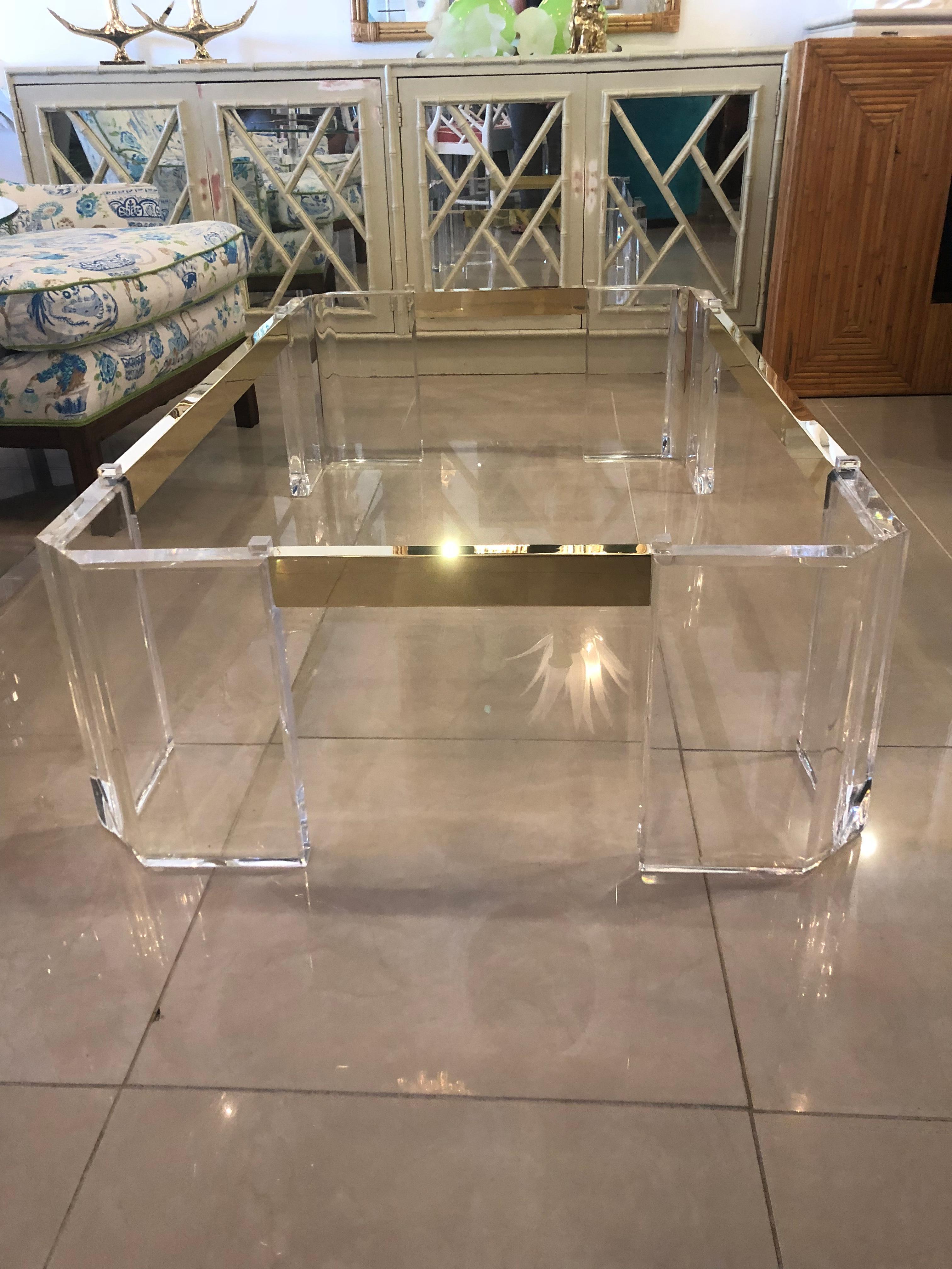 Hollywood Regency Vintage Signed Michael Oguns Chunky Lucite and Brass Cocktail Coffee Table