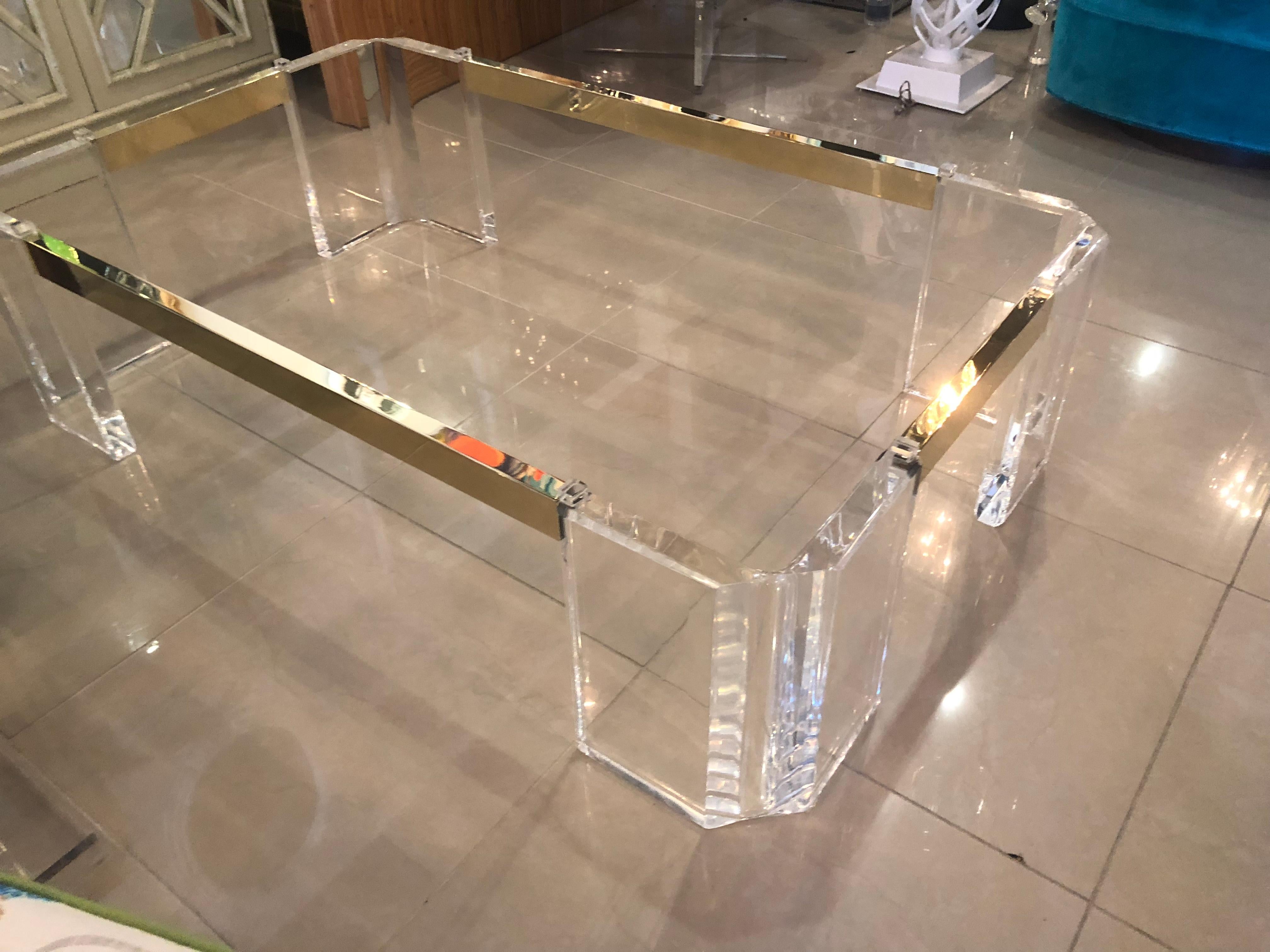 American Vintage Signed Michael Oguns Chunky Lucite and Brass Cocktail Coffee Table
