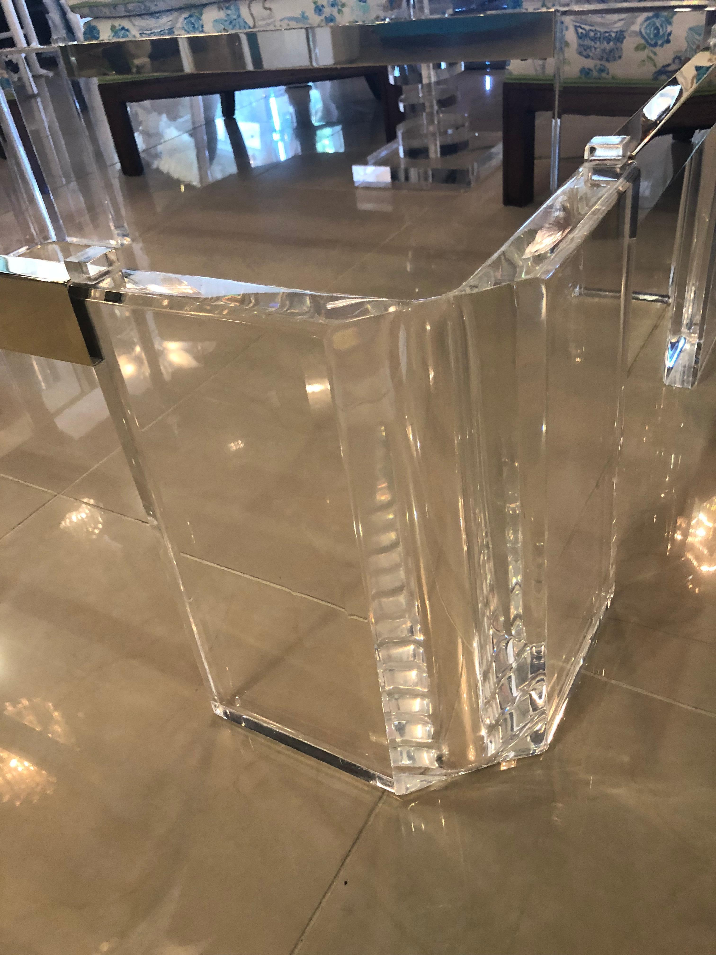 Vintage Signed Michael Oguns Chunky Lucite and Brass Cocktail Coffee Table In Good Condition In West Palm Beach, FL