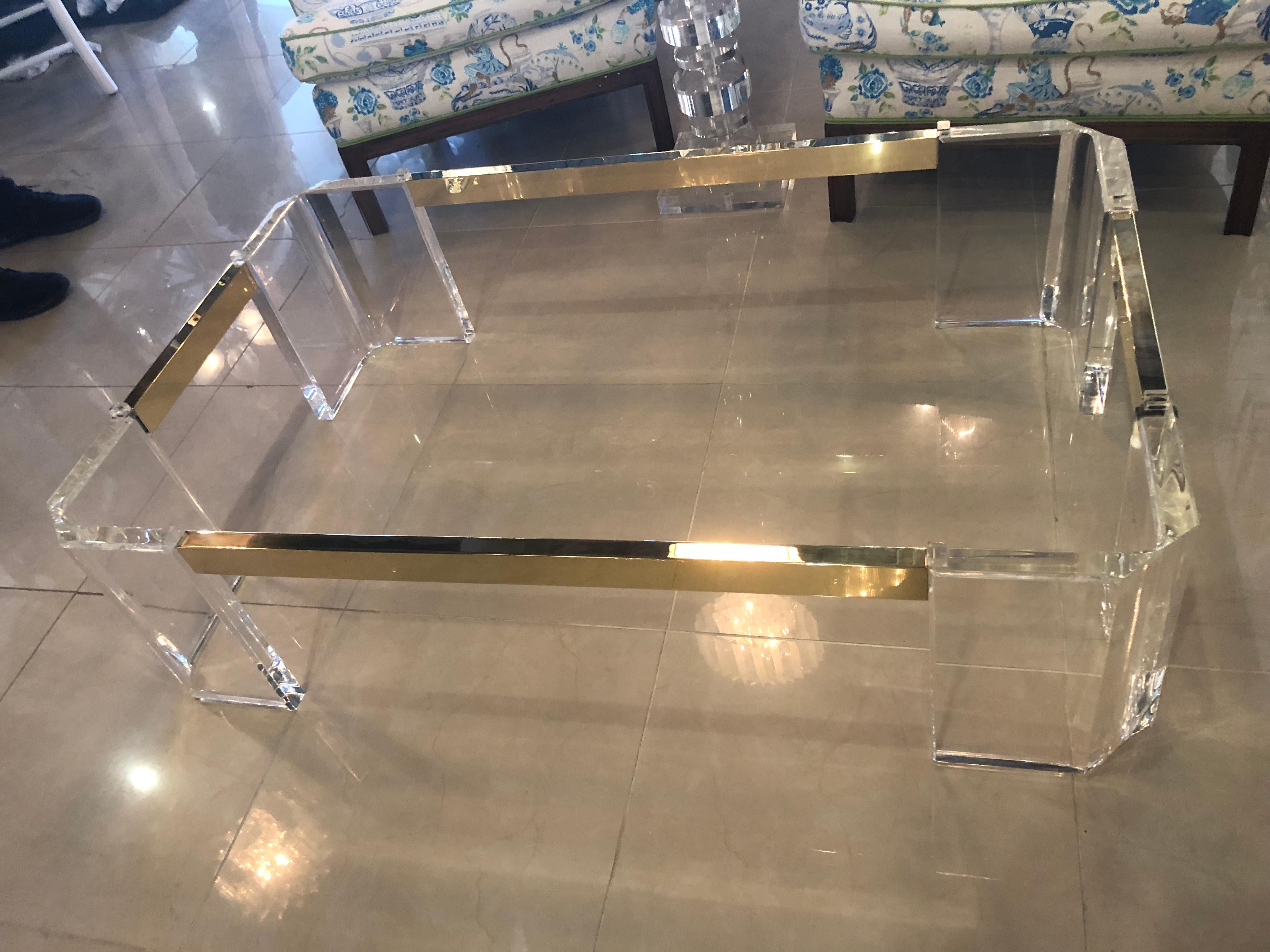 Vintage Signed Michael Oguns Chunky Lucite and Brass Cocktail Coffee Table 1