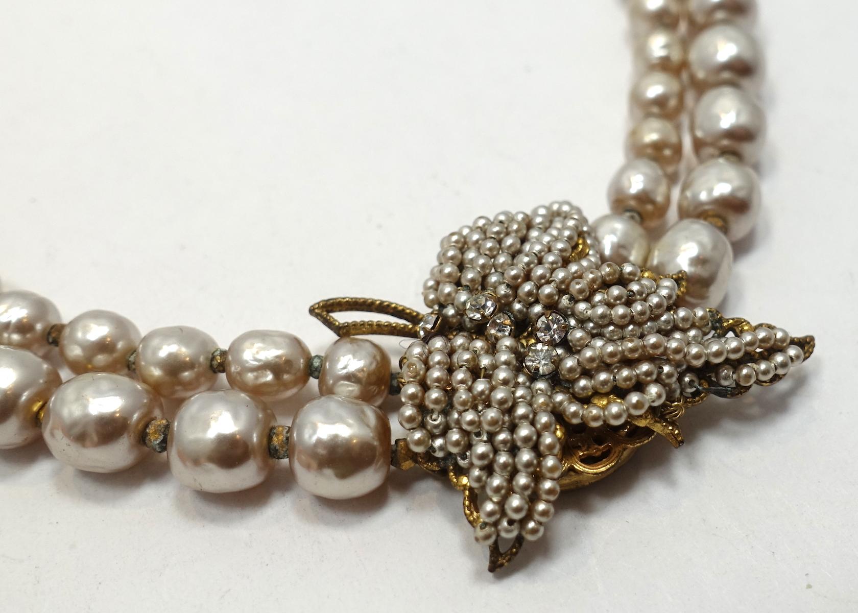 Women's Vintage Signed Miriam Haskell 2-Strand Faux Pearl Necklace